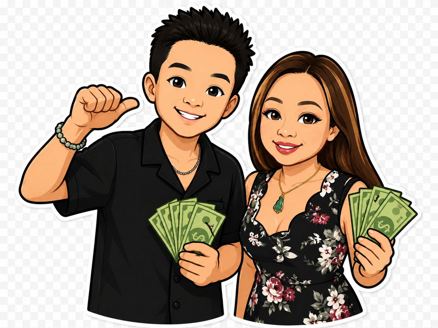 Austin and his mom Hanh holding cash, illustrated